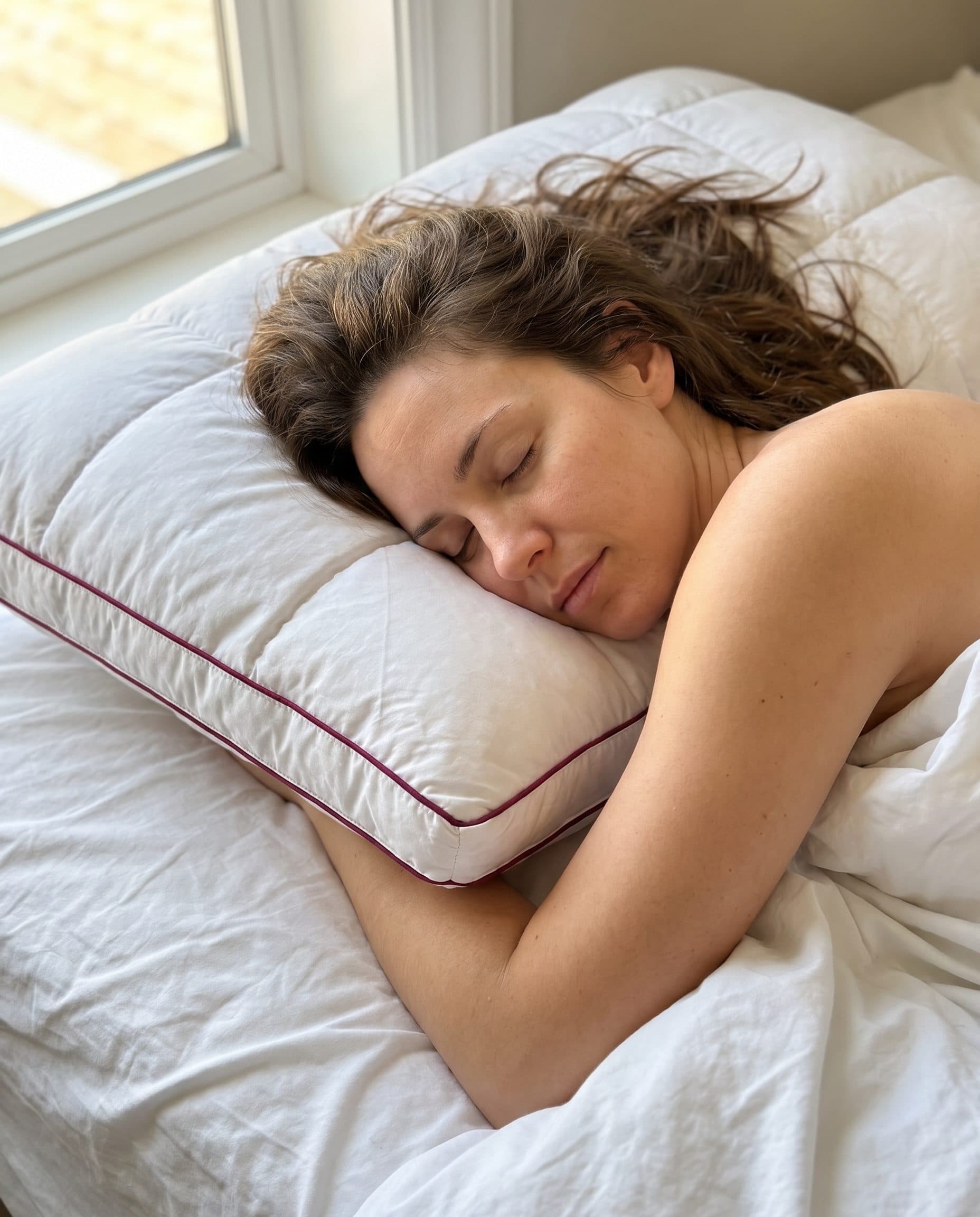 A woman asleep on her side on the Miyora pillow in morning light