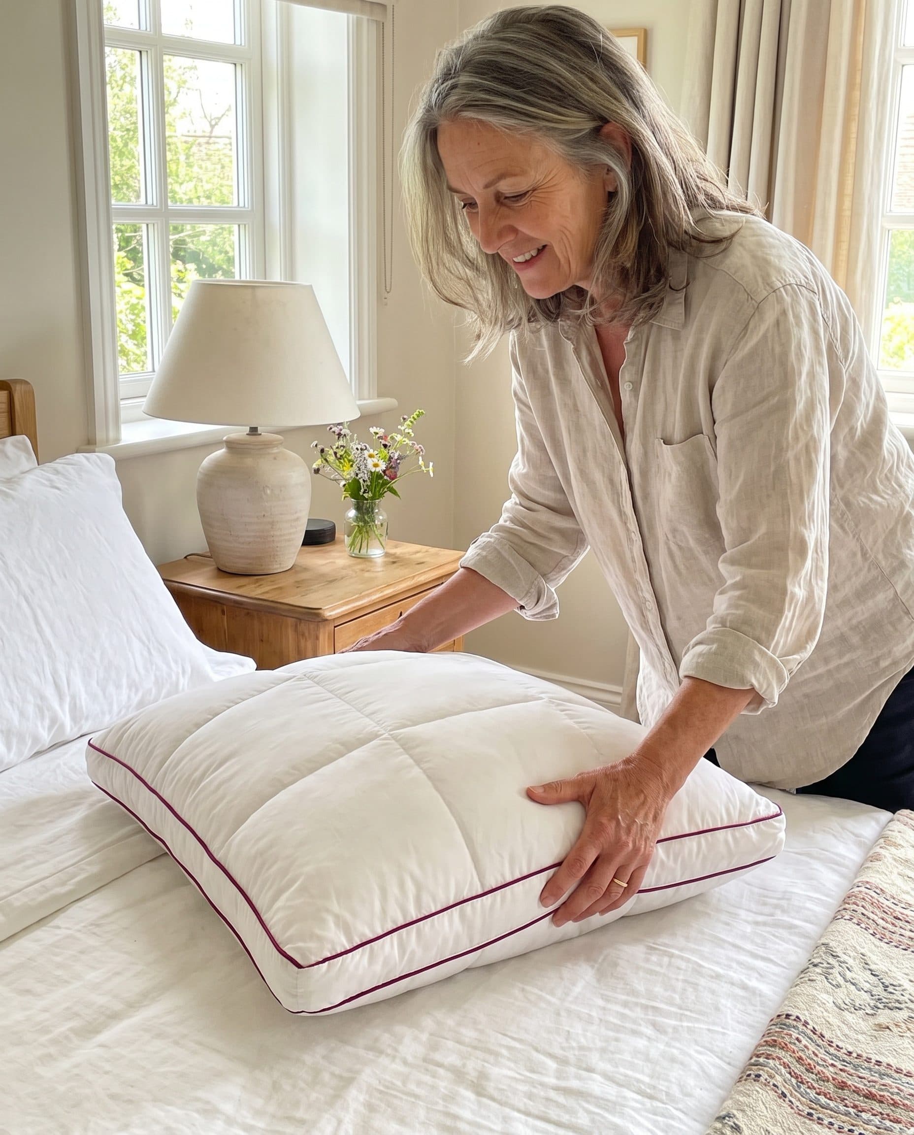A woman placing the Miyora pillow on a made bed