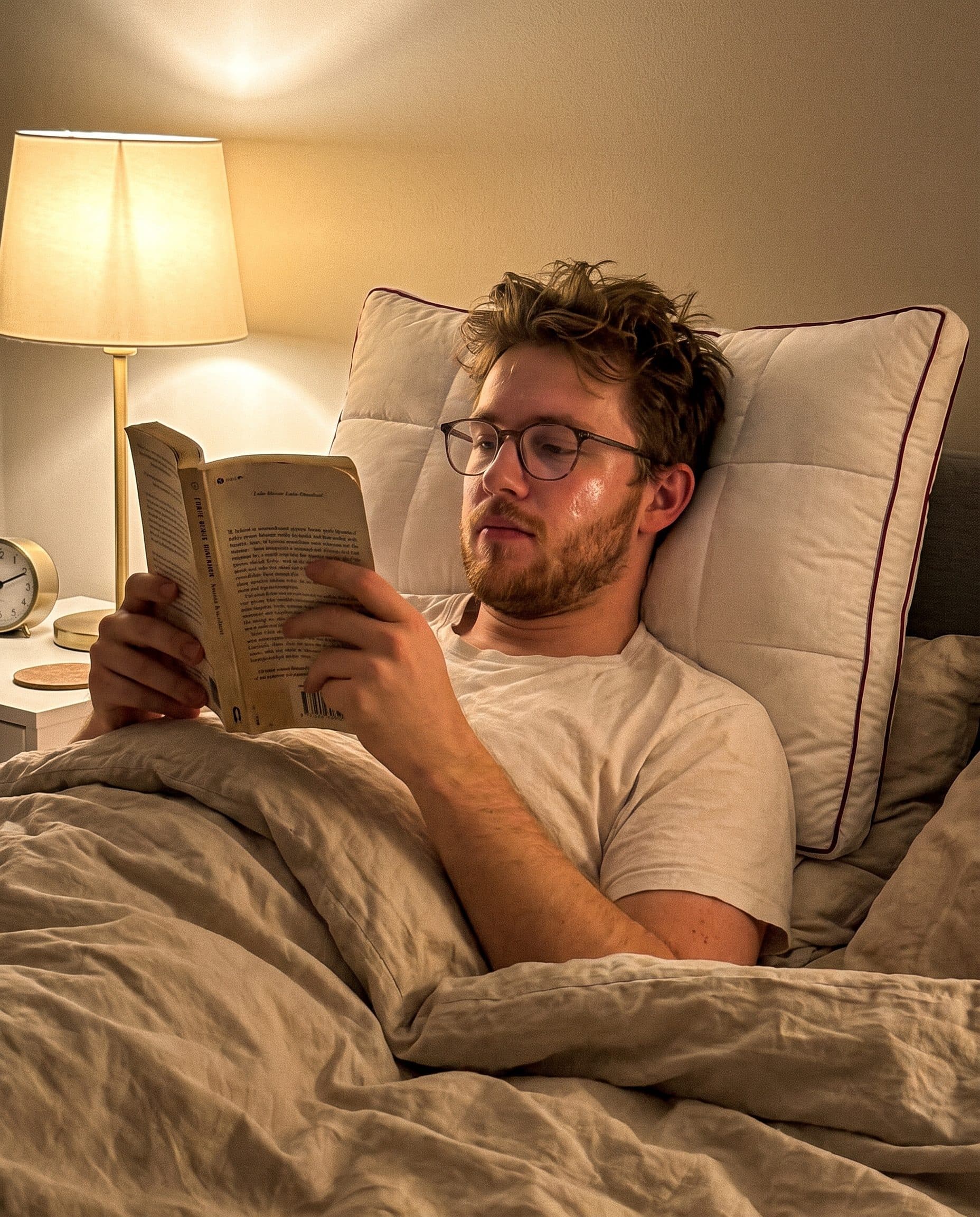 A man resting on the Miyora pillow, reading in bed