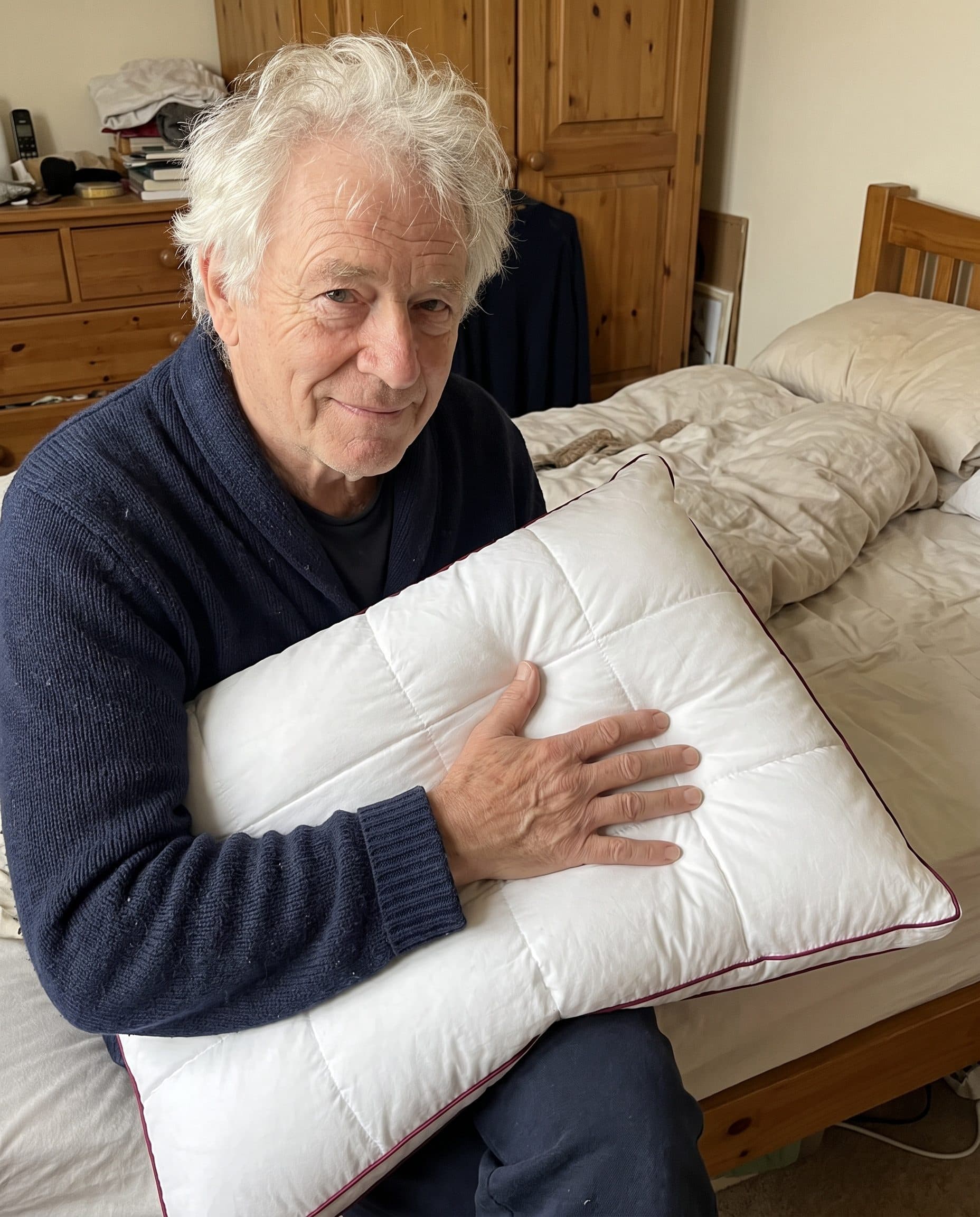 A man testing the Miyora pillow with his hand